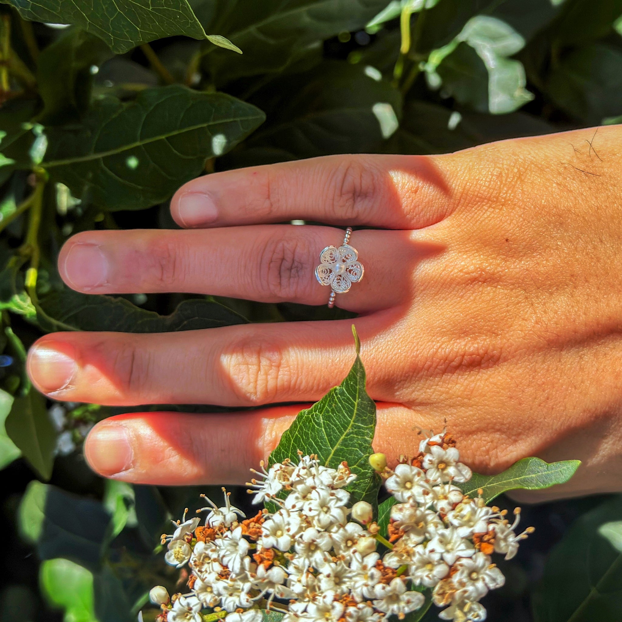 Phlox Filigree Ring in Recycled Silver with Pearls